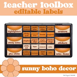 Editable Sunny Boho Retro Teacher Toolbox Classroom Labels | Groovy Trendy School Supply Tool Box Printable Download
