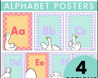 Editable Classroom Print and Cursive Alphabet Posters | Silly Goose Theme Gingham Checkered Wall Printable Student Signs
