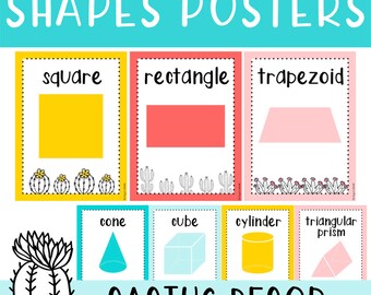 Cactus Theme 2D and 3D Shapes Posters Bright Plant Classroom Decor