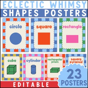 Pode incluir: Um conjunto de 23 cartazes educativos intitulados ECLECTIC WHIMSY SHAPES POSTERS com bordas coloridas. Cada cartaz exibe o nome de uma forma e a sua ilustração correspondente, incluindo círculo, quadrado, retângulo, cubo, cilindro, prisma retangular e pirâmide quadrada.