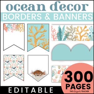 Editable Letter Banner Pennants & Bulletin Board Borders with Ocean Theme Under The Sea | Printable Classroom School Decor Template
