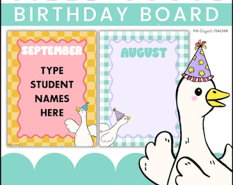 Editable Classroom Birthday Chart and Bulletin Board Display | Silly Goose Theme Student Wall Posters Printable Sign | Checkered & Gingham