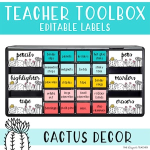 Editable Teacher Toolbox Labels with Cactus Theme | Bright Plant School Supply Tool Box Classroom Printable Labels
