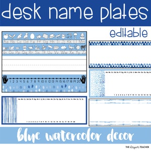Blue Watercolor Theme Editable Desk Plates Student Name Tags for Classroom