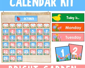 Bewerkbare klaskalenderkit | Zakkaarten met heldere tuinbloementhema, cijferset, digitale download