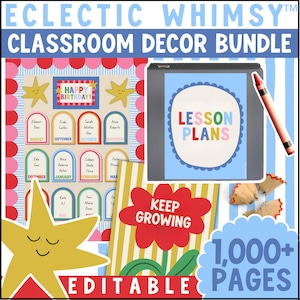 Puede incluir: Un paquete de decoración para el aula que incluye un gráfico de cumpleaños con estrellas amarillas, una carpeta de planes de lecciones, un letrero de flor roja con el texto KEEP GROWING y un crayón. Incluye el texto ECLECTIC WHIMSY CLASSROOM DECOR BUNDLE.