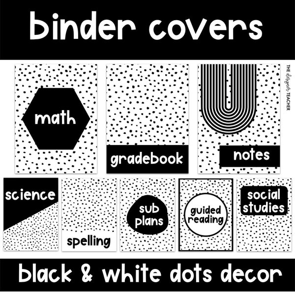 Editable Binder Covers & Spines With Black and White Speckled Boho Dalmatian Dots