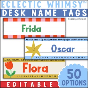 Puede incluir: Tres etiquetas rectangulares para escritorio con fondos blancos, espacios de escritura con líneas y bordes coloridos. Las etiquetas muestran los nombres Frida, Oscar y Flora, junto con alfabetos, una estrella amarilla, un tulipán rojo y números.