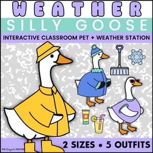 Op de afbeelding: Een cartoon illustratie met een witte gans in verschillende outfits, waaronder een gele regenjas en een blauwe winterjas. De tekst luidt "WEATHER SILLY GOOSE INTERACTIVE CLASSROOM PET + WEATHER STATION".