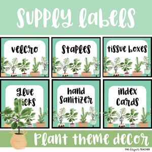 May include: Six printable classroom supply labels with a plant theme. The labels feature a green background with white polka dots and a variety of potted plants. The labels include the following text: velcro, staples, tissue boxes, glue sticks, hand sanitizer, and index cards.