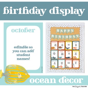 Bewerkbaar prikbord voor verjaardag in klaslokaal met oceaanthema Under The Sea