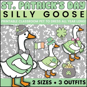 May include: A digital illustration for St. Patrick's Day featuring three cartoon geese in festive outfits. The geese are wearing green vests, hats, and bow ties, with shamrock and Irish flag accents. Text reads "St. Patrick's Day Silly Goose".
