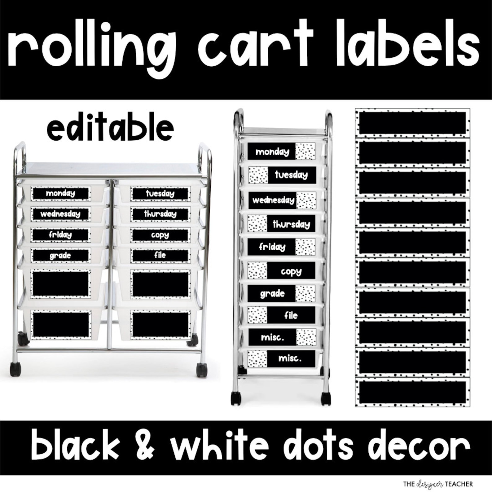 Editable Classroom Rolling Cart Labels Organizers Black & White Neutral ...