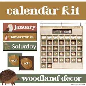 Editable Classroom Calendar Kit | Boho Woodland Forest Nature Theme Decor Pocket Chart Cards, Numbers Set, Digital Download