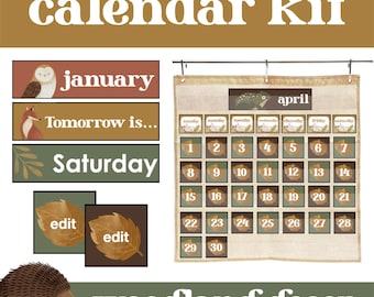 Editable Classroom Calendar Kit | Boho Woodland Forest Nature Theme Decor Pocket Chart Cards, Numbers Set, Digital Download