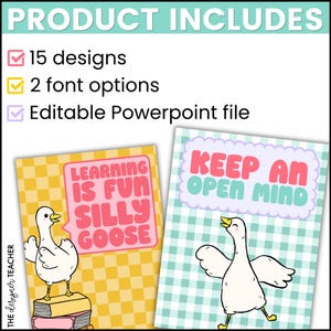 May include: Two colorful notebook covers with cartoon geese and playful text. One cover says "LEARNING IS FUN SILLY GOOSE" and the other says "KEEP AN OPEN MIND". The image also includes the text "PRODUCT INCLUDES" and lists 15 designs, 2 font options, and an editable PowerPoint file.