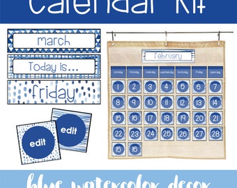Editable Classroom Calendar Kit | Blue Watercolor Theme Pocket Chart Cards, Numbers Set, Digital Download