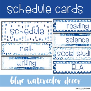 Editable Schedule Cards with Blue Watercolor Theme | Classroom Teacher School Class Display