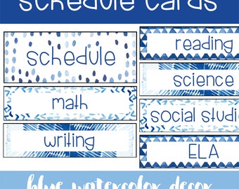 Editable Schedule Cards with Blue Watercolor Theme | Classroom Teacher School Class Display
