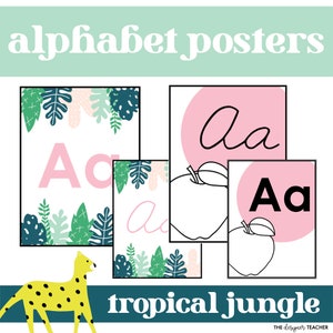 Modern Tropical Jungle Theme Alphabet Posters: Print, Cursive & Picture Cues | A-Z Printable Rainforest Elementary Classroom