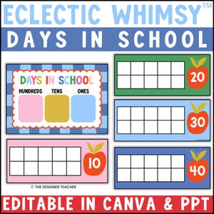 May include: Educational classroom display set titled ECLECTIC WHIMSY DAYS IN SCHOOL. Includes a place value chart for hundreds, tens, and ones, plus four ten-frame counting cards featuring red apple graphics labeled 10, 20, 30, and 40.