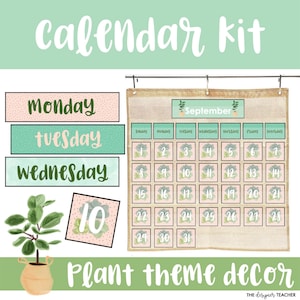 Editable Classroom Calendar Kit | Plant Nature Theme Pretty Pastel Pocket Chart Cards, Numbers Set, Digital Download