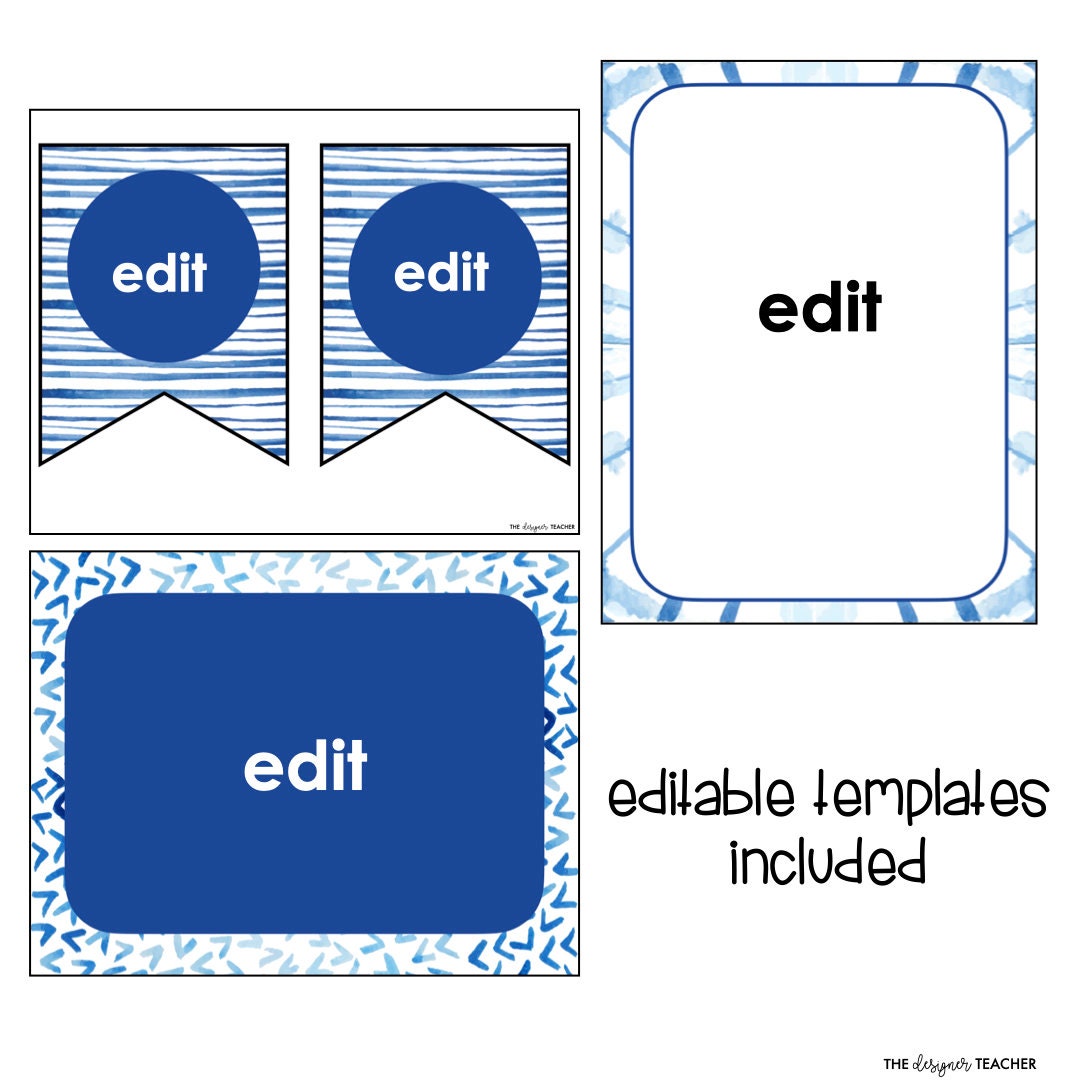 Editable classroom birthday bulletin board display with blue watercolor