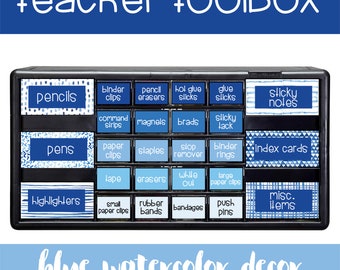 Editable Teacher Toolbox Labels with Blue Watercolor Theme