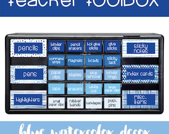 Editable Teacher Toolbox Labels with Blue Watercolor Theme | Classroom Supply Tool Box Printable Download