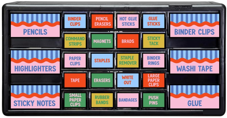 May include: A black plastic storage cabinet with multiple drawers, each featuring a label with a blue and white striped background, a wavy orange line, and text identifying office supplies like Pencils, Binder Clips, Erasers, and Glue.