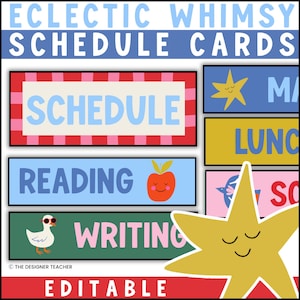 Puede incluir: Un conjunto de tarjetas de horario rectangulares con el texto ECLECTIC WHIMSY SCHEDULE CARDS y EDITABLE. Las tarjetas muestran palabras como SCHEDULE, READING, WRITING, LUNCH y SO, junto a ilustraciones de una estrella, manzana y pato.