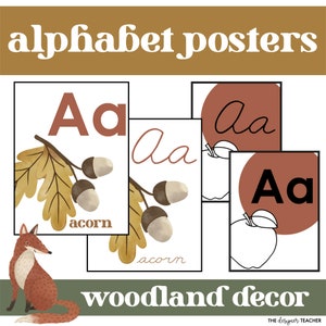Boho Woodland Forest Nature Decor Alphabet Posters Print, Cursive & Phonics Picture Cues | Printable A-Z Classroom Elementary School Display