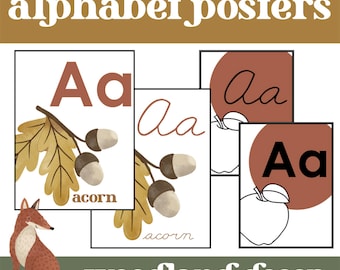 Könnte beinhalten: Ein Satz von drei druckbaren Alphabet-Postern mit dem Buchstaben "A" in verschiedenen Stilen. Die Poster haben ein Waldthema mit Eicheln und einem Apfel. Der Text "Eichel" erscheint auf zwei der Poster. Die Poster sind in Braun-, Beige- und Weißtönen gehalten.