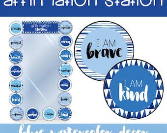Blue Watercolor Affirmation Station Mirror Display Calming Classroom Decor Bulletin Board For Kids