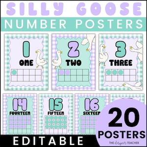 Puede incluir: Un conjunto de 20 carteles de números editables con el tema caprichoso "Silly Goose". Cada cartel presenta un número, su forma escrita, un marco de diez y una ilustración de ganso de dibujos animados. Los carteles están diseñados con una paleta de colores pastel.