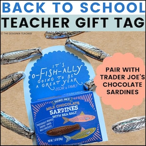 May include: A blue scalloped gift tag with the text IT'S O-FISH-ALLY GOING TO BE A GREAT YEAR -OSCAR & FAMILY, paired with a box of Trader Joe's Milk Chocolate Sardines with Sea Salt and several silver foil-wrapped chocolate fish candies.