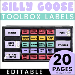 May include: Black toolbox with labels for school supplies, including pencils, erasers, and stickers. The labels have a purple and white gingham pattern and feature the text "Silly Goose Toolbox Labels". The image also includes the text "20 Pages" and "Editable".