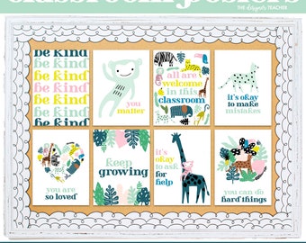 May include: A set of eight colourful classroom posters with a tropical jungle theme. The posters feature positive messages such as "Be Kind", "You Matter", "All Are Welcome", "It's Okay to Make Mistakes", "You Are So Loved", "Keep Growing", "It's Okay to Ask for Help", and "You Can Do Hard Things".