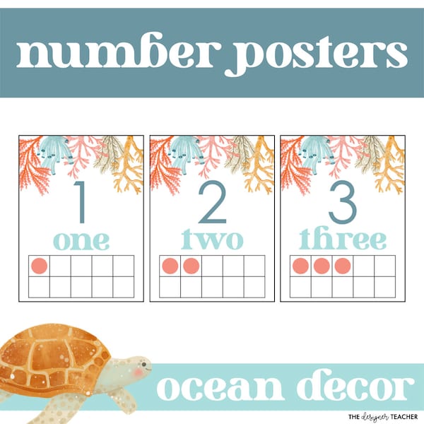 Number Posters 1-20 with Ten Frames in Ocean Theme Under The Sea