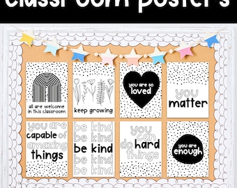 Inspirational Growth Mindset Inclusive Classroom Posters Black & White Boho Dalmatian Dots | Motivational Neutral Minimal Decor Printable