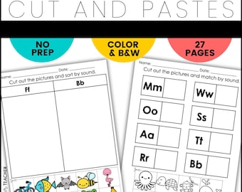 Beginning Letter Sound Identification Recognition Cut and Paste Preschool PreK Kindergarten Alphabet Worksheets