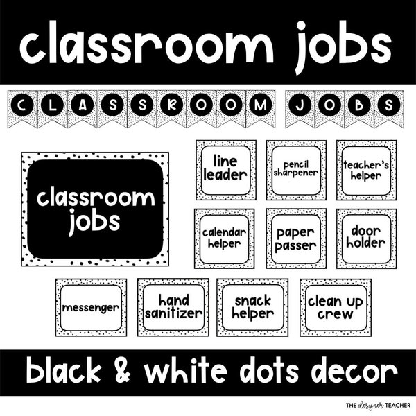Editable Classroom Jobs Display With Black & White Speckled Boho Dalmatian Dots