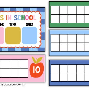 May include: A Days in School chart with hundreds, tens, and ones columns, alongside four ten-frame cards labeled 10, 20, 30, and 40. Each card features a red apple graphic. The chart has a blue checkered background and a scalloped white border.