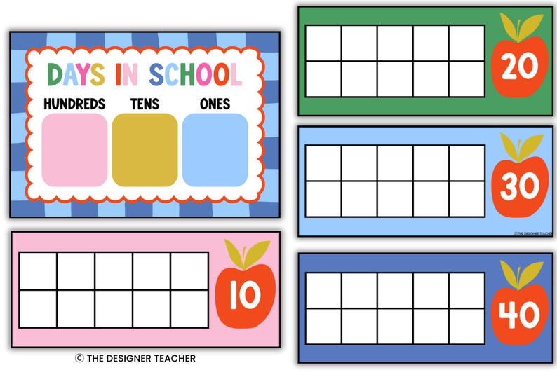 May include: A Days in School chart with hundreds, tens, and ones columns, alongside four ten-frame cards labeled 10, 20, 30, and 40. Each card features a red apple graphic. The chart has a blue checkered background and a scalloped white border.