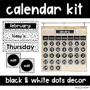Editable Classroom Calendar Kit | Black & White Neutral Speckled Boho Dalmatian Dots Pocket Chart Cards, Numbers Set, Digital Download