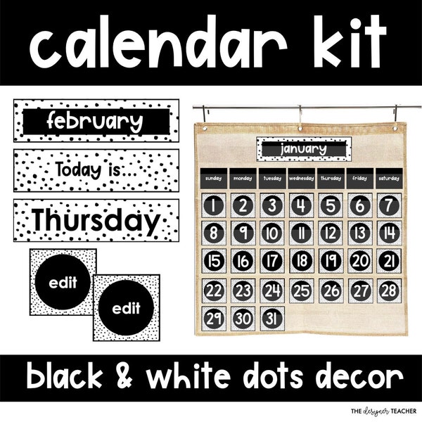 Editable Classroom Calendar Kit With Black & White Speckled Boho Dalmatian Dots