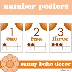 Sunny Boho Retro Groovy Decor Theme Classroom Number Posters 1–20 | 10 Frame and Number Words
