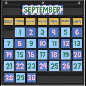 May include: A black wall-mounted pocket chart calendar for September. It features a header with the text SEPTEMBER, a row of yellow cards labeled with days of the week, and light blue cards displaying the numbers 1 through 30 in pink and green.