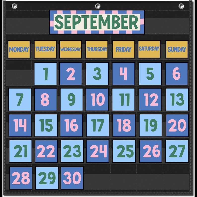 May include: A black wall-mounted pocket chart calendar for September. It features a header with the text SEPTEMBER, a row of yellow cards labeled with days of the week, and light blue cards displaying the numbers 1 through 30 in pink and green.