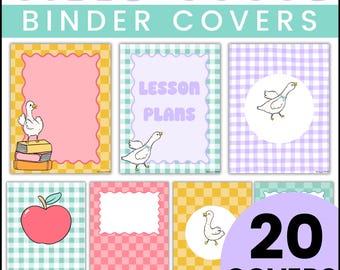 Silly Goose Theme Editable Binder Covers & Spines | Gingham Checkered Printable Classroom Teacher Templates Sheet